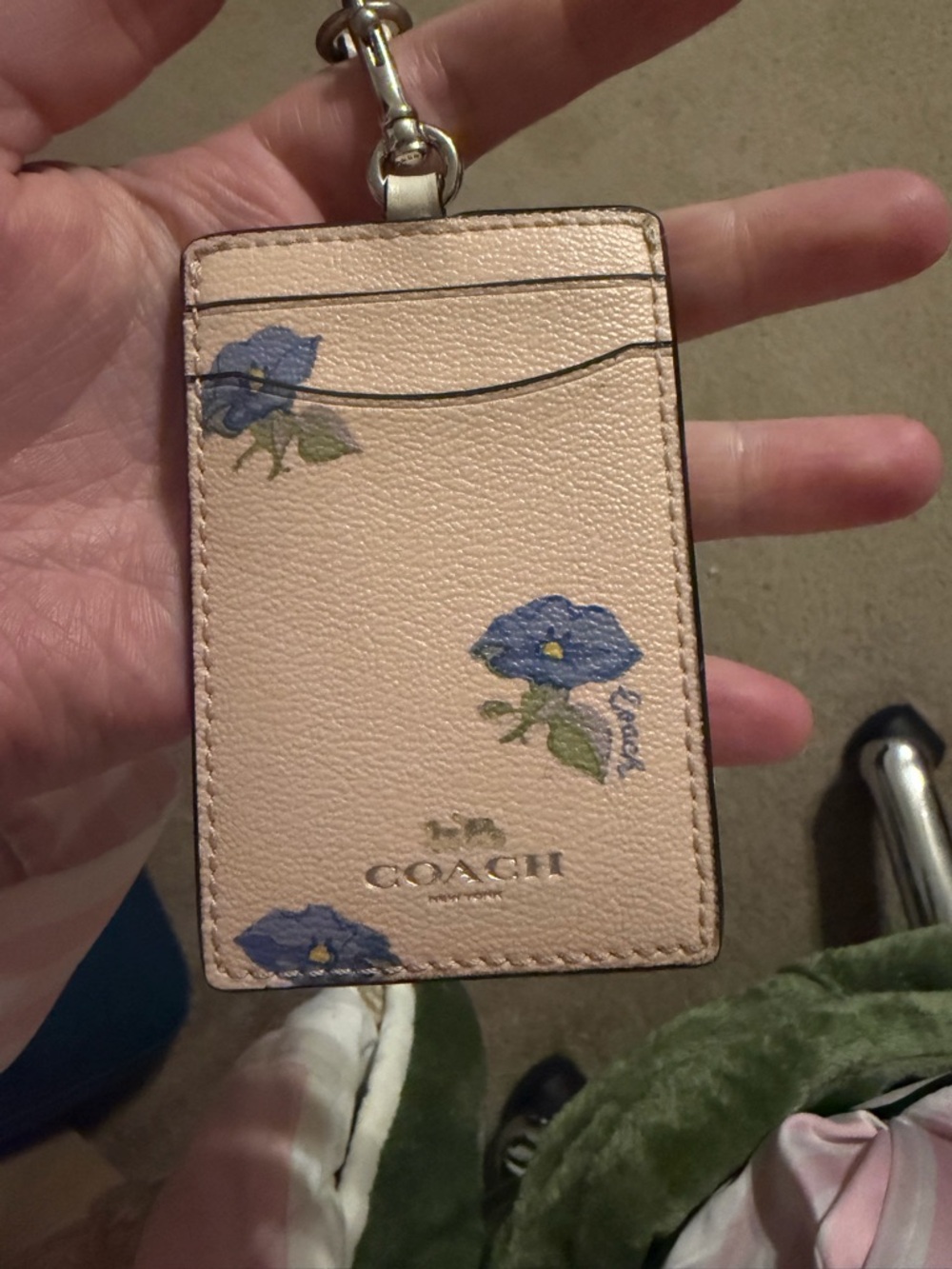 Coach Pink Floral Leather Cardholder with Blue Flower Print and Lanyard Clip